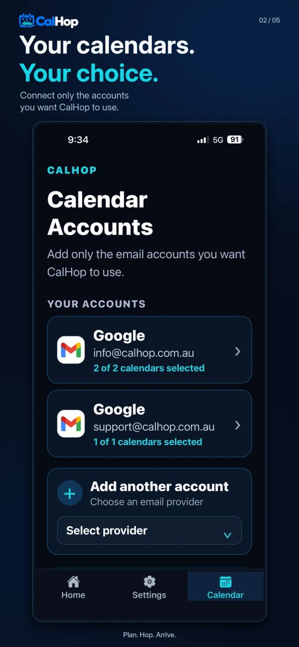 Existing CalHop app artwork showing calendar account selection.