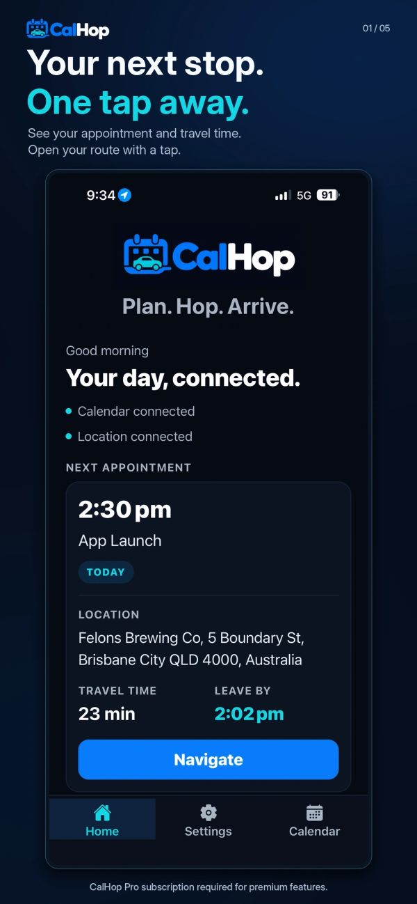 Existing CalHop app artwork showing an appointment and its journey information.