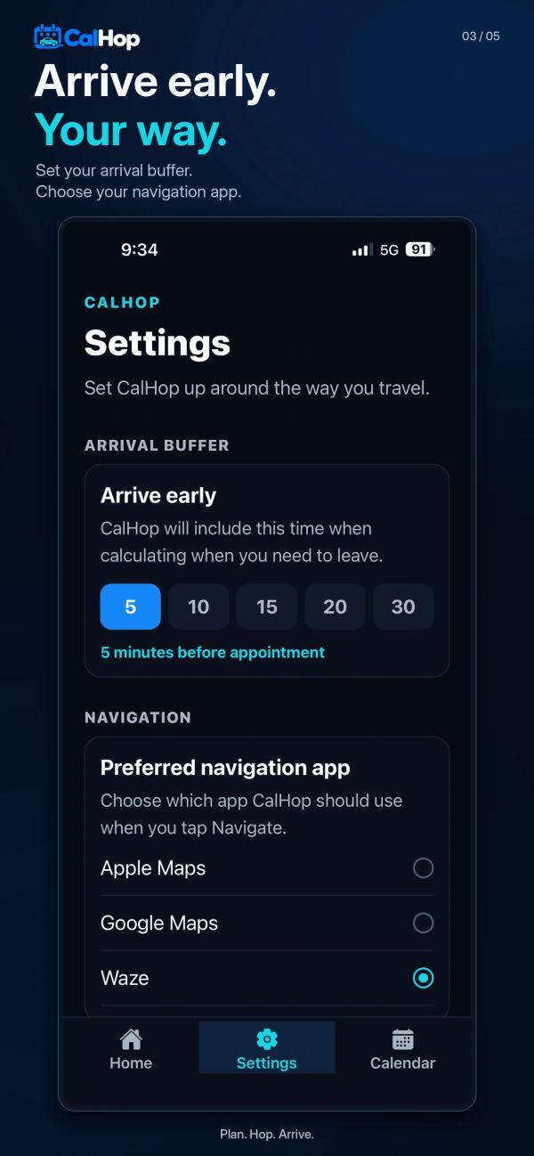 Existing CalHop app artwork about the arrival buffer and navigation preferences.